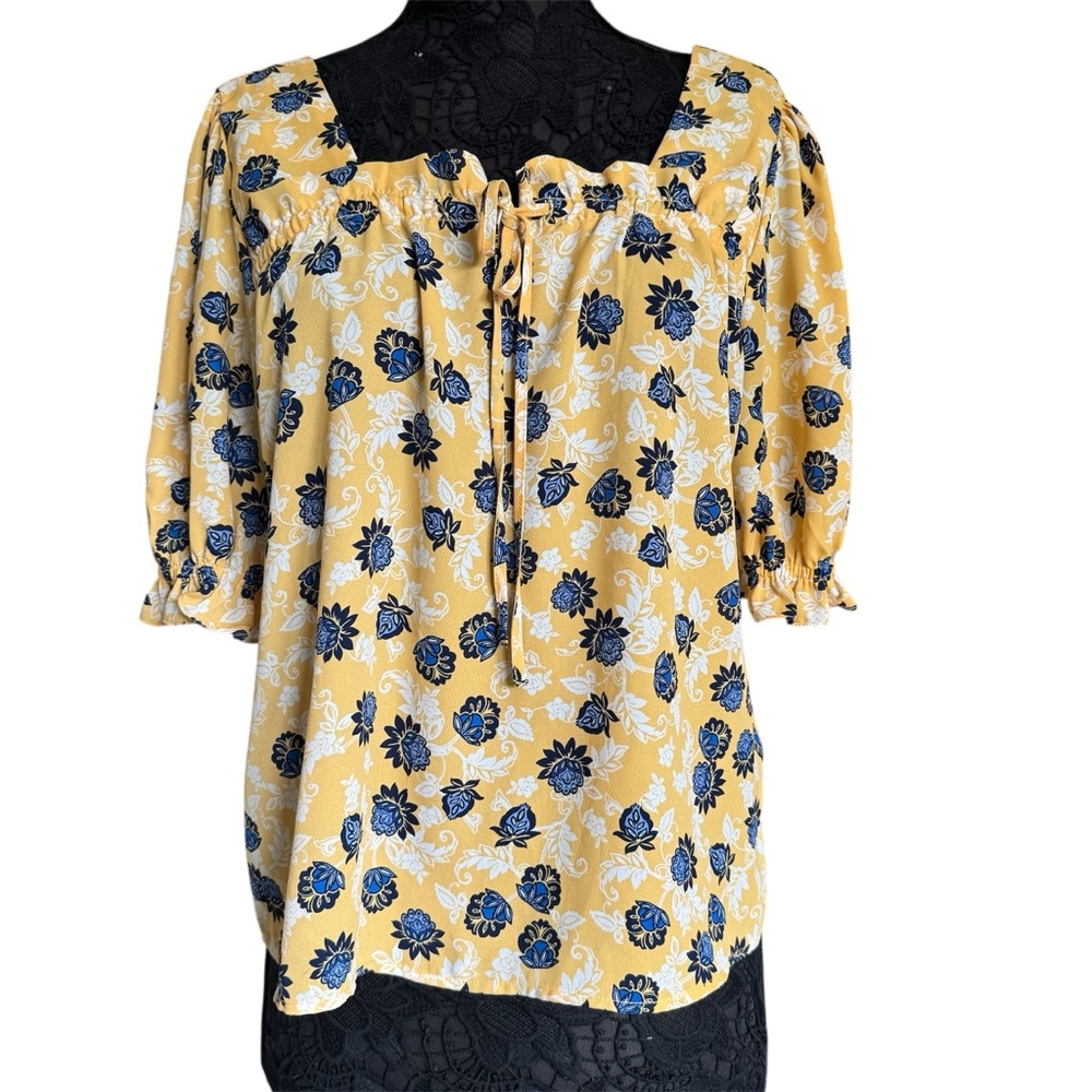 Zac & Rachel Yellow and Blue Floral Short Sleeve Boho Peasant Blouse Medium